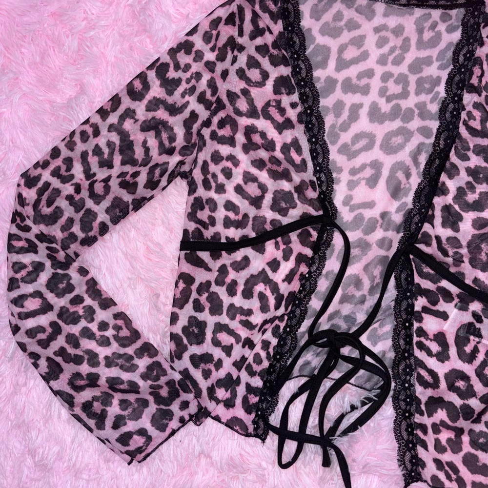 Pink Leopard Print Sheer Lace Trim Tie Front Top - Size Large